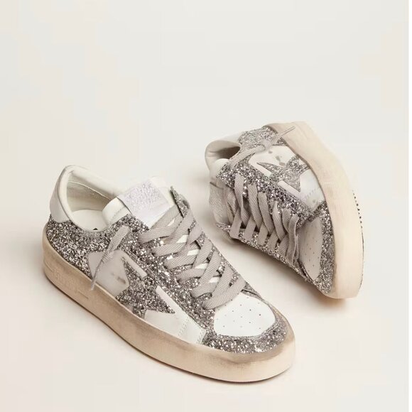 Golden Goose Shoes - Golden Goose Stardan White Leather Silver Glitter Women's Sneakers size 37